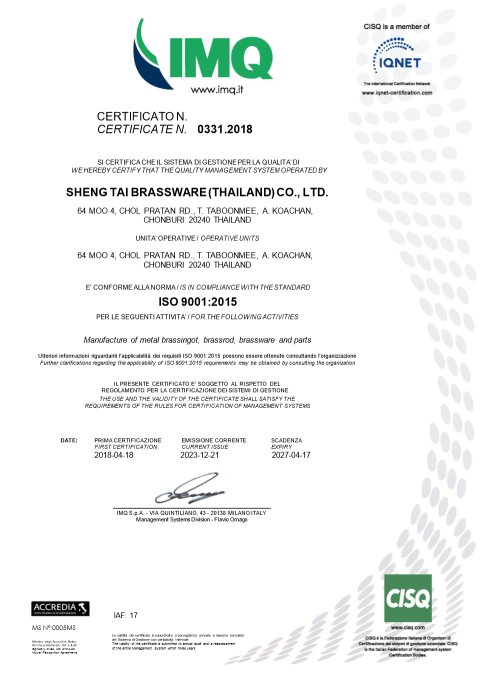 ISO 9001:2015 certificate – Sheng Tai Brassware (Thailand)
